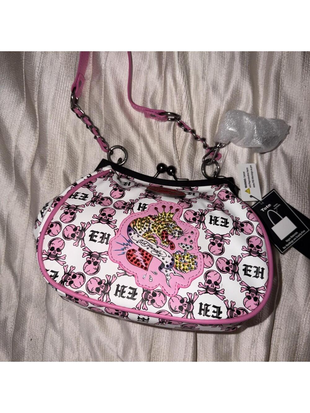 Ed Hardy Mini Shoulder Bag pink & White Skull Print y2k NEW STYLE CLUTCH TOTE
